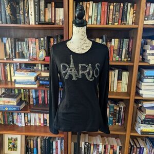𝅺hello Paris Eiffel tower rhinestone black light knit sweater sz 4 euc